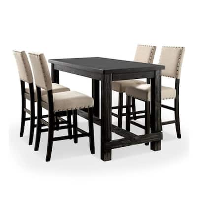 Bega 4pc Counter Height Table, Bench n Chair Set, Ivory Fabric, Black