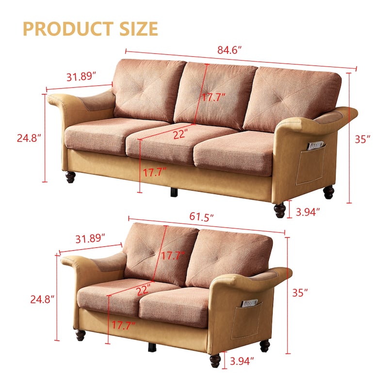 2 Piece Linen and Faux Leather Fabric Sectional sofa, 2+3 seat with Saddle Armrest and Solid Wood Legs