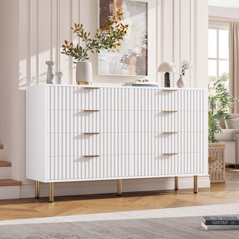 8 Drawer Fluted Dresser for Bedroom, Wide Modern Chest of Drawers, Long Double Dresser - White