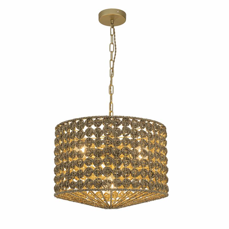 Koyo 4-Light Rattan Drum Pendant, Coastal Boho - Handwoven - 18" Wide - Brown