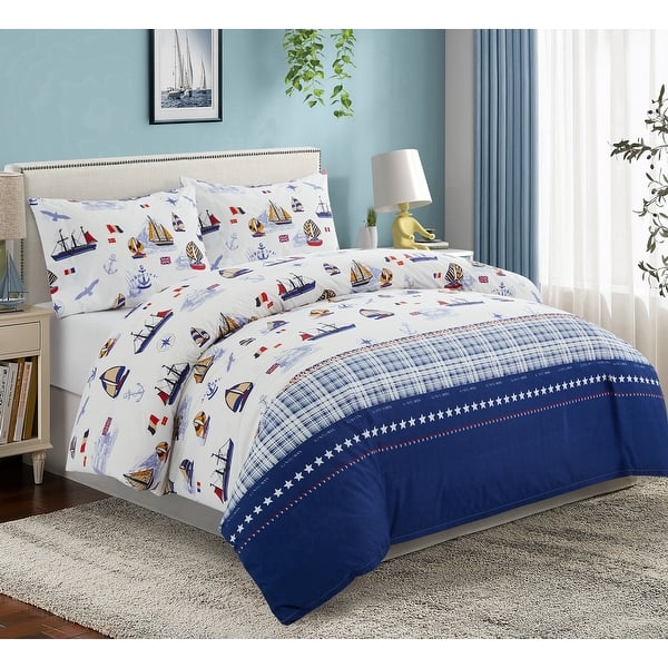 slide 2 of 5, Kids Boys Printed 600 Thread Count Soft Cotton Blend Percale Duvet Cover Set with Corner Tie and Zipper, Nautical Sailing Boat Royal Blue, White, Red, Orange - Full