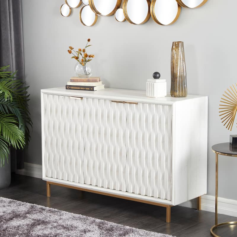 Wooden Geometric Dimensional Textured 3 Door Cabinet with Gold Metal Accents - White - Roche River Decor - 16"W x 47"L x 32"H