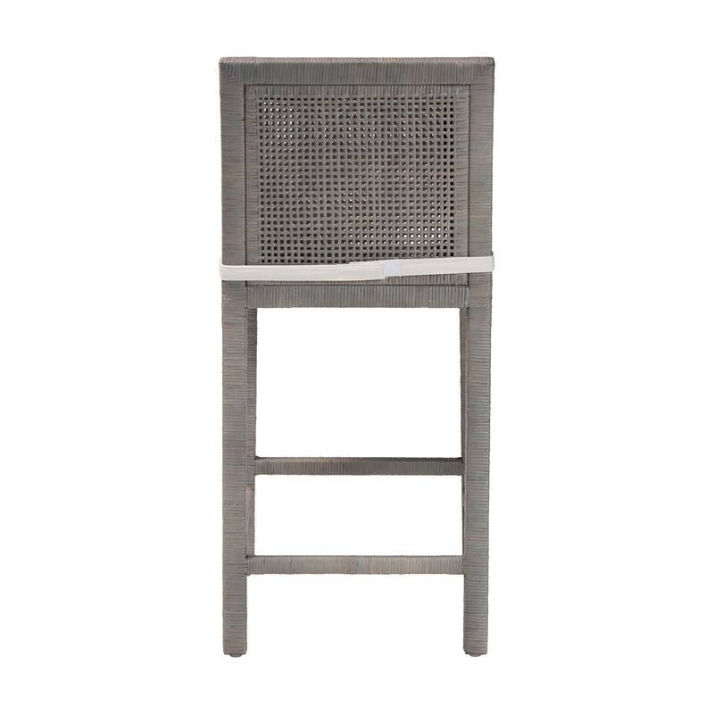 Sofia Rattan Counter Stool with Mahogany Wood - Handwoven Wicker Counter Height, Coastal Kitchen Island Seating, French Grey