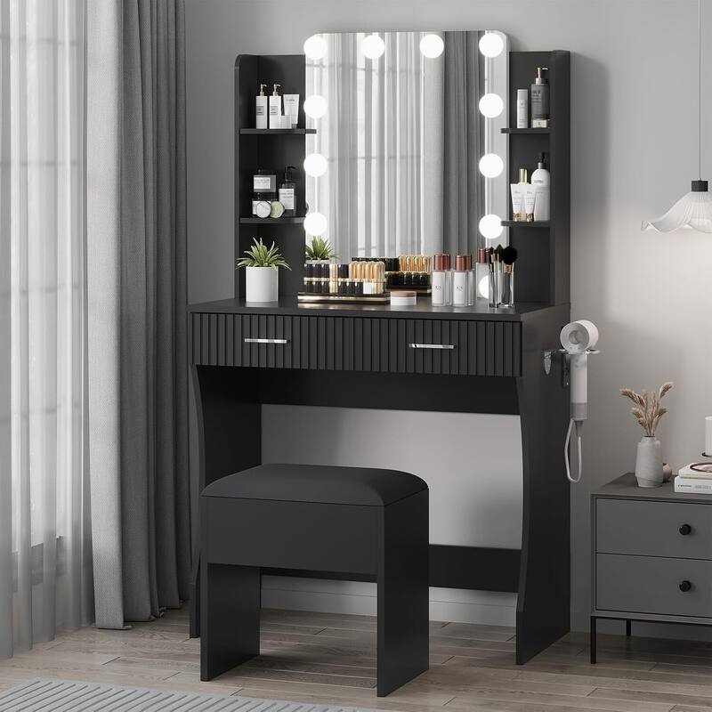 Makeup Vanity Desk Set with Mirror and 12 LED Lights - Black