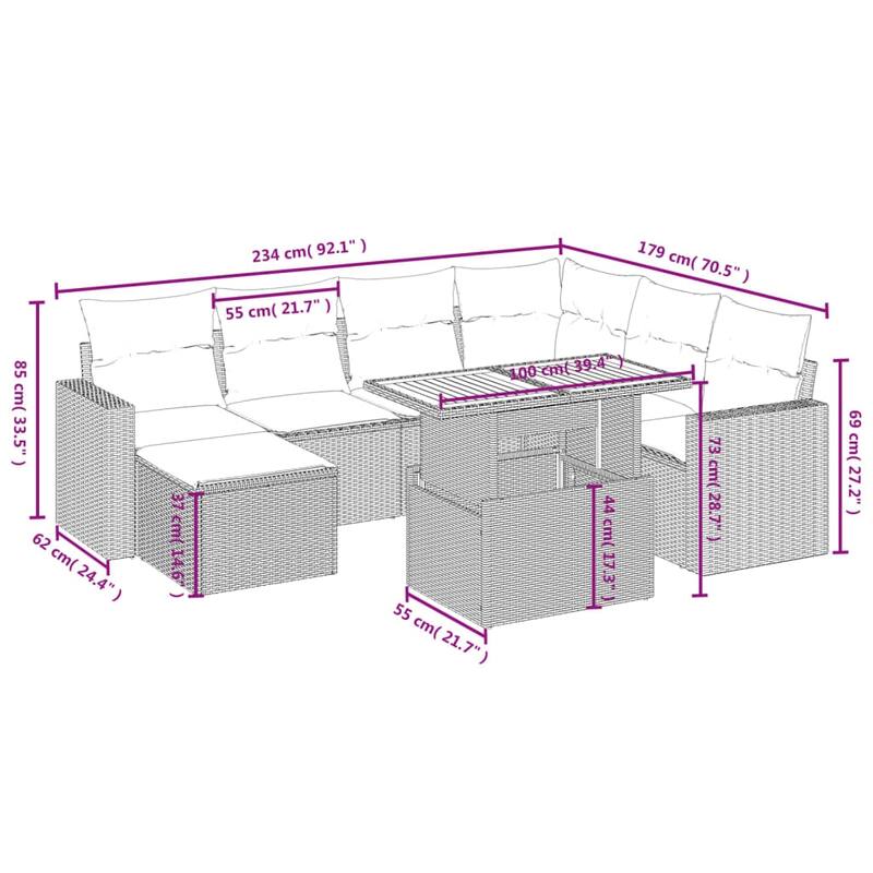 vidaXL Patio Sofa Set with Cushions Outdoor Furniture 8 Piece Poly Rattan - 21.7 x 24.4 x 27.2