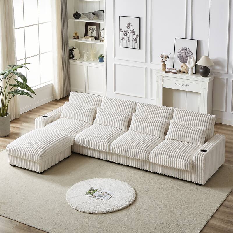 Modern 126-inch Corduroy Sofa with 4 Cushions, Movable Footrest, USB Ports, and Cup Holders