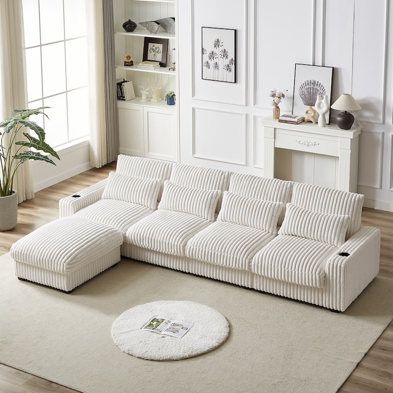 Super Large 126-Inch Corduroy L-Shaped Sofa with Cup Holders, USB Port, Movable Footrest, and 8 Cushions.