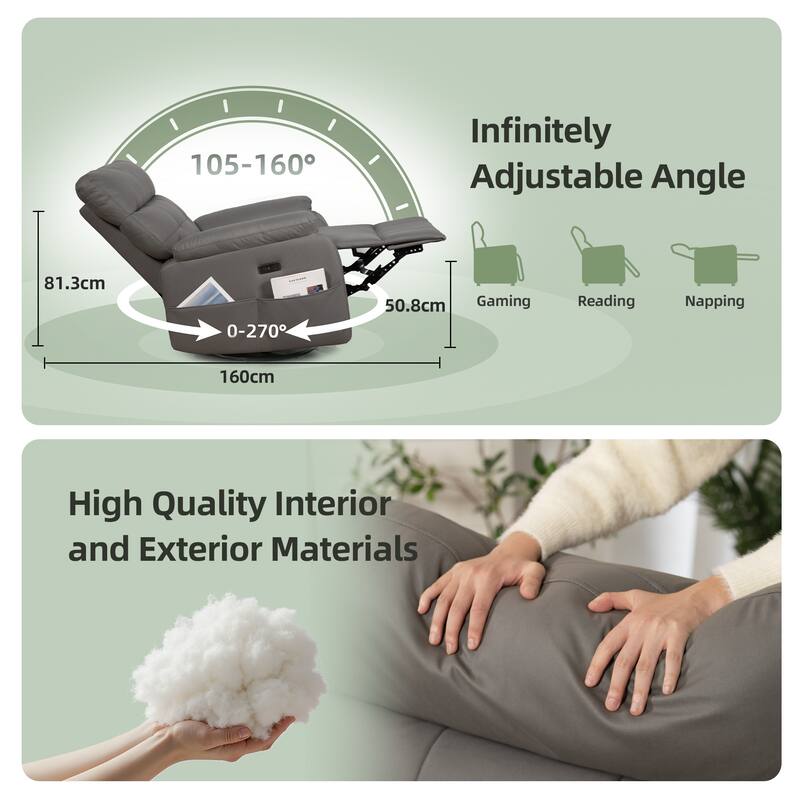 Electric Power Swivel Recliner Chair - Oversized PU Leather Massage Recliner with USB/Type-C Charging