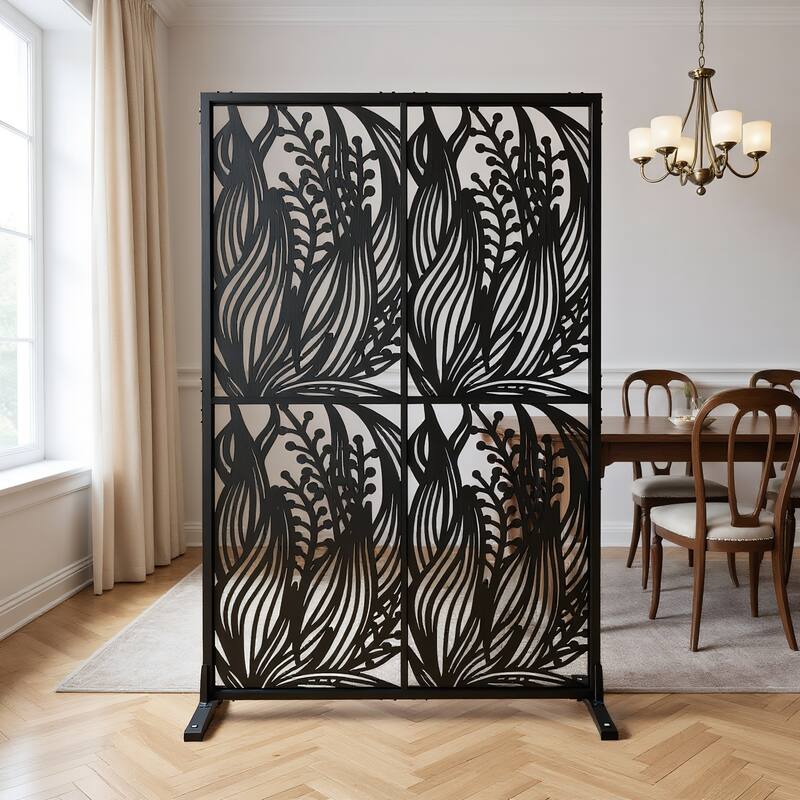 W3.8Ft X H6Ft Metal Privacy Screens, Outdoor and Indoor Divider with Free Standing for Balcony Patio Garden Room Divider - black leaf