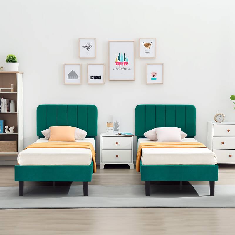 Kids Bed Frame, Height Adjustable Upholstered Bed, Twin Size Bed Set of 2 - Green - Set of 2