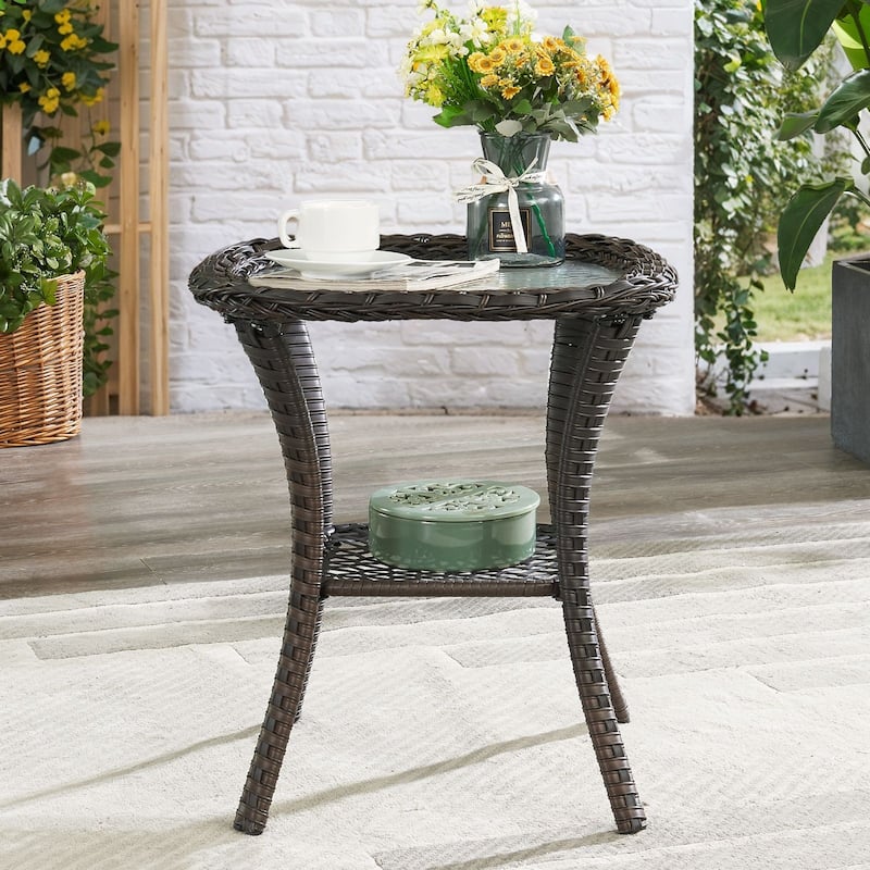 Stylish Outdoor Wicker side Table with Glass Top - Side Table - Brown