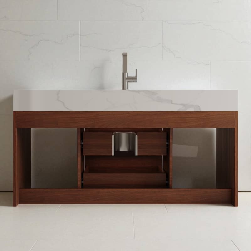 39.4" Floating Bathroom Vanity with Ceramic Sink White Sintered Stone Top Soft Close Drawers Wall Mounted