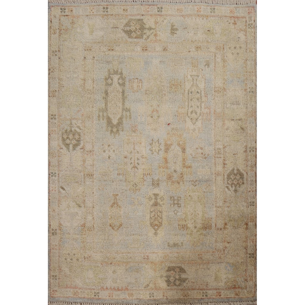 Geometric Oushak Turkish Area Accent Rug Hand-Knotted Wool Carpet - 3'1" x 3'11"
