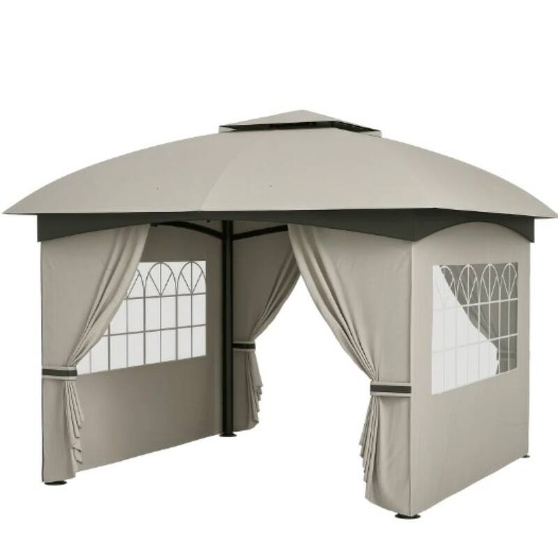 GDFStudio - 11'x11' Double Roof UV Protected Patio Gazebo with Church Windows & Curtains