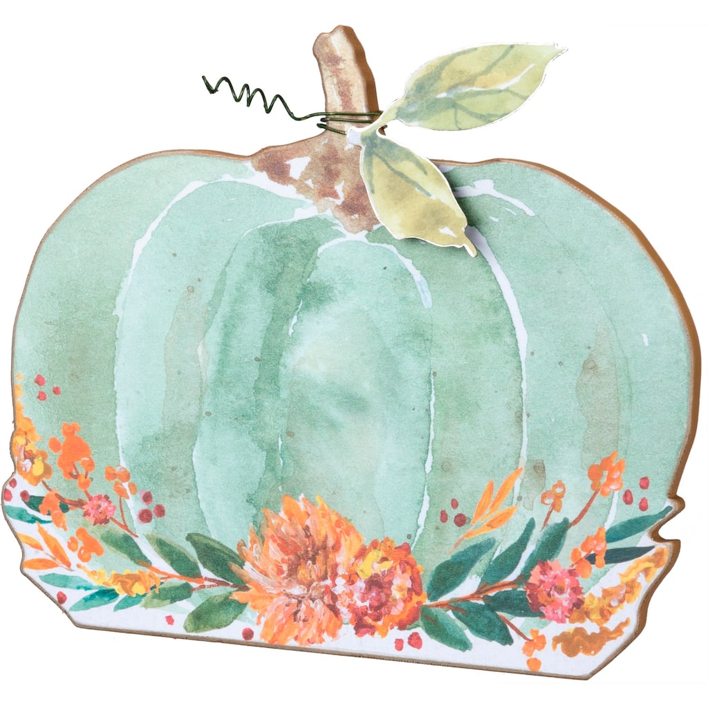 Teal Carved Pumpkin Floral Stand Up Wood Sign - Multi