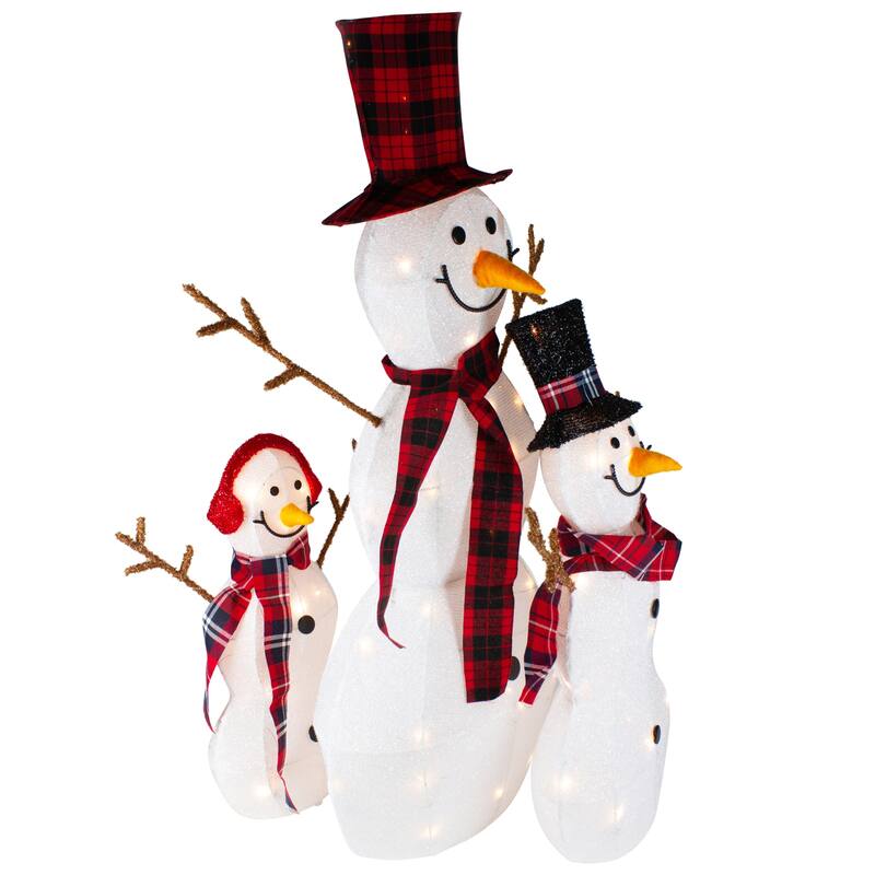 Lighted Tinsel Snowmen Family Christmas Outdoor Decorations - Clear Lights - Set of 3 - White