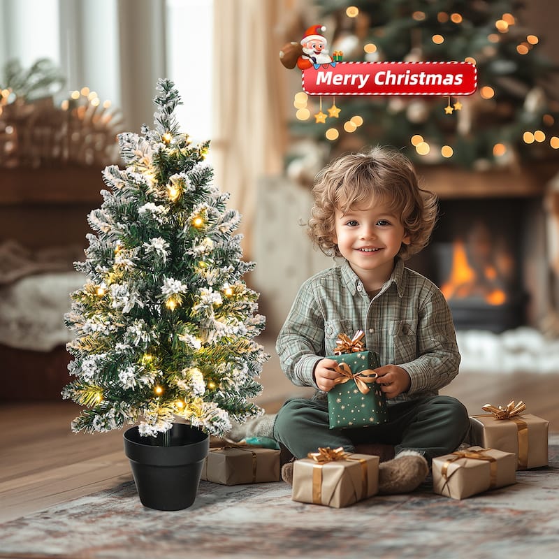 2ft Snowy Green Prelit Christmas Tree with LED Lights and Stable Plastic Base for Tabletop - 2 Feet