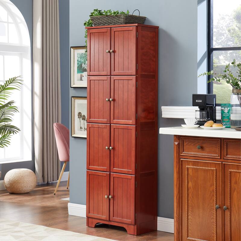 Tall Storage Cabinet Pantry Cabinet with 8 Doors, Corner Cabinet Side Cabinet Hallway Cabinet for Kitchen, Cherry