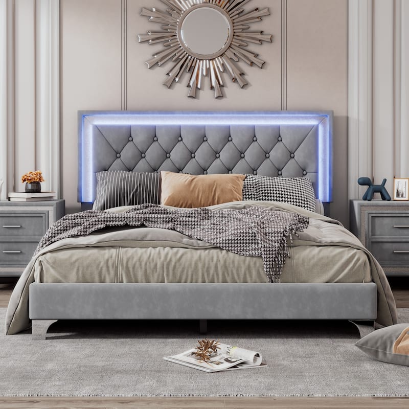 Upholstered Bed Frame with LED Lights - Grey - Queen