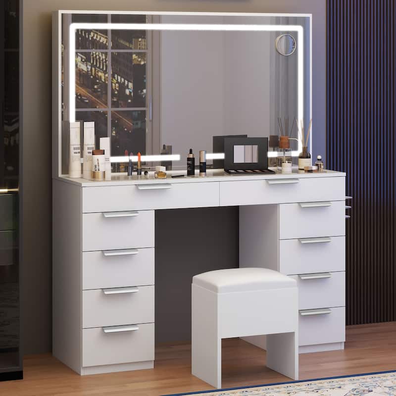 Moasis White 10-Drawer Cosmetic Vanity Desk Set with Glass Tabletop Makeup Vanity with LED Strip - White