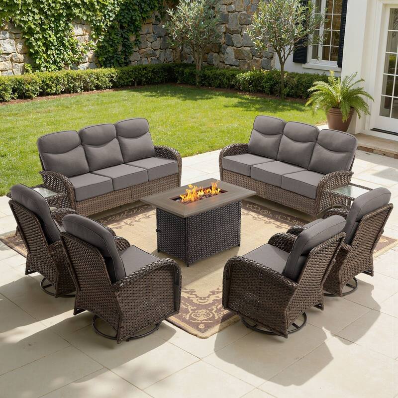 Luna 9-Piece Wicker Outdoor Patio Fire Pit Sofa Set with 6-Inch Thick Cushions - Gray Cushions - Brown Wicker