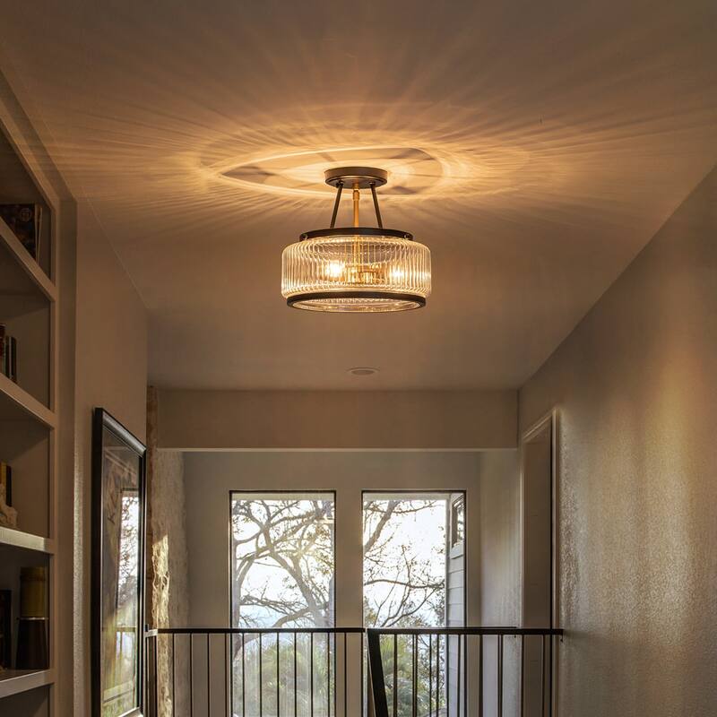 3-Light Industrial-style Black Lantern Glass Semi Flush Mount