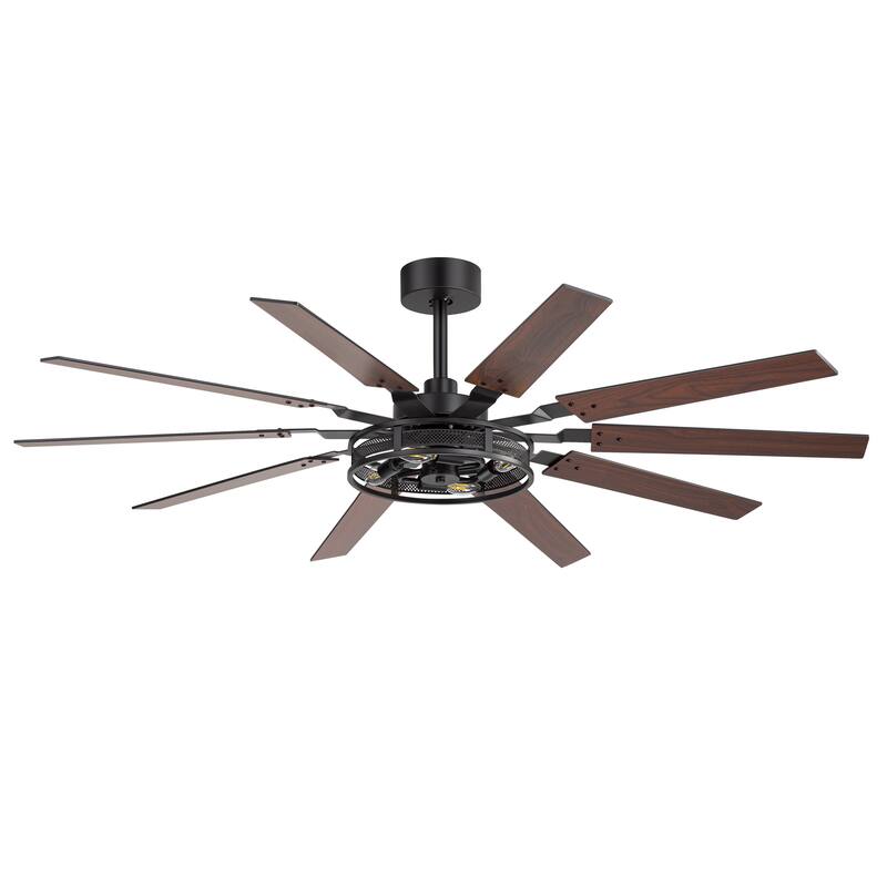 60" Reversible 10-Blade Open-Caged Metal Ceiling Fan with Light and Remote