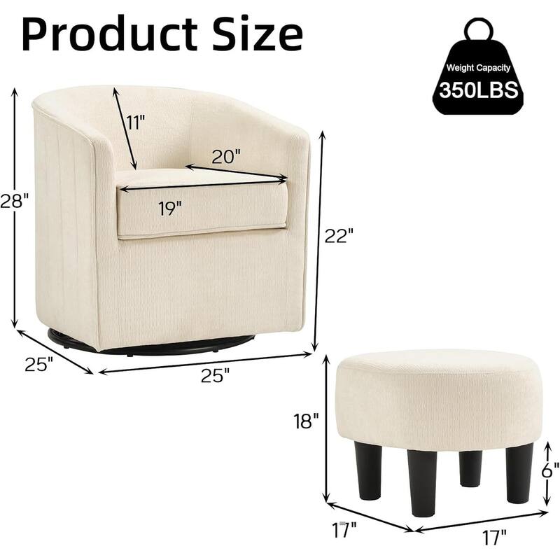 Swivel Accent Chair , 360 Degree Club Chair with Ottoman Set, Fabric Barrel Reading Chairs for Living Room Bedroom