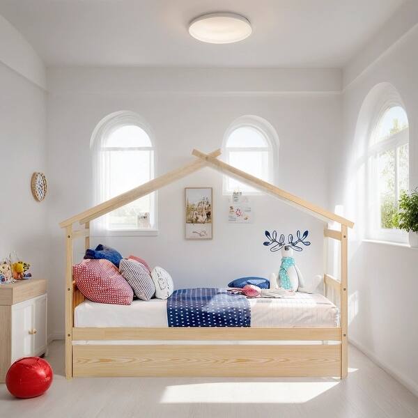 slide 2 of 8, Full Size House Shaped Platform Bed Frame with Trundle, Natural