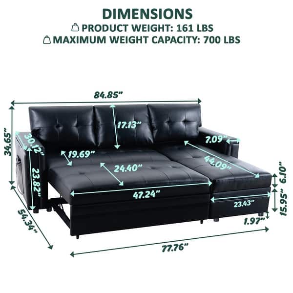 dimension image slide 2 of 4, Reversible Sectional Sleeper Sofa with Storage Chaise & Pull-Out Bed