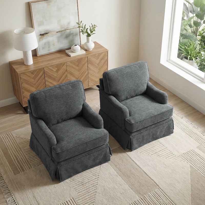 Set of 2 Chenille Swivel Accent Chair with Nailhead Trim Skirt