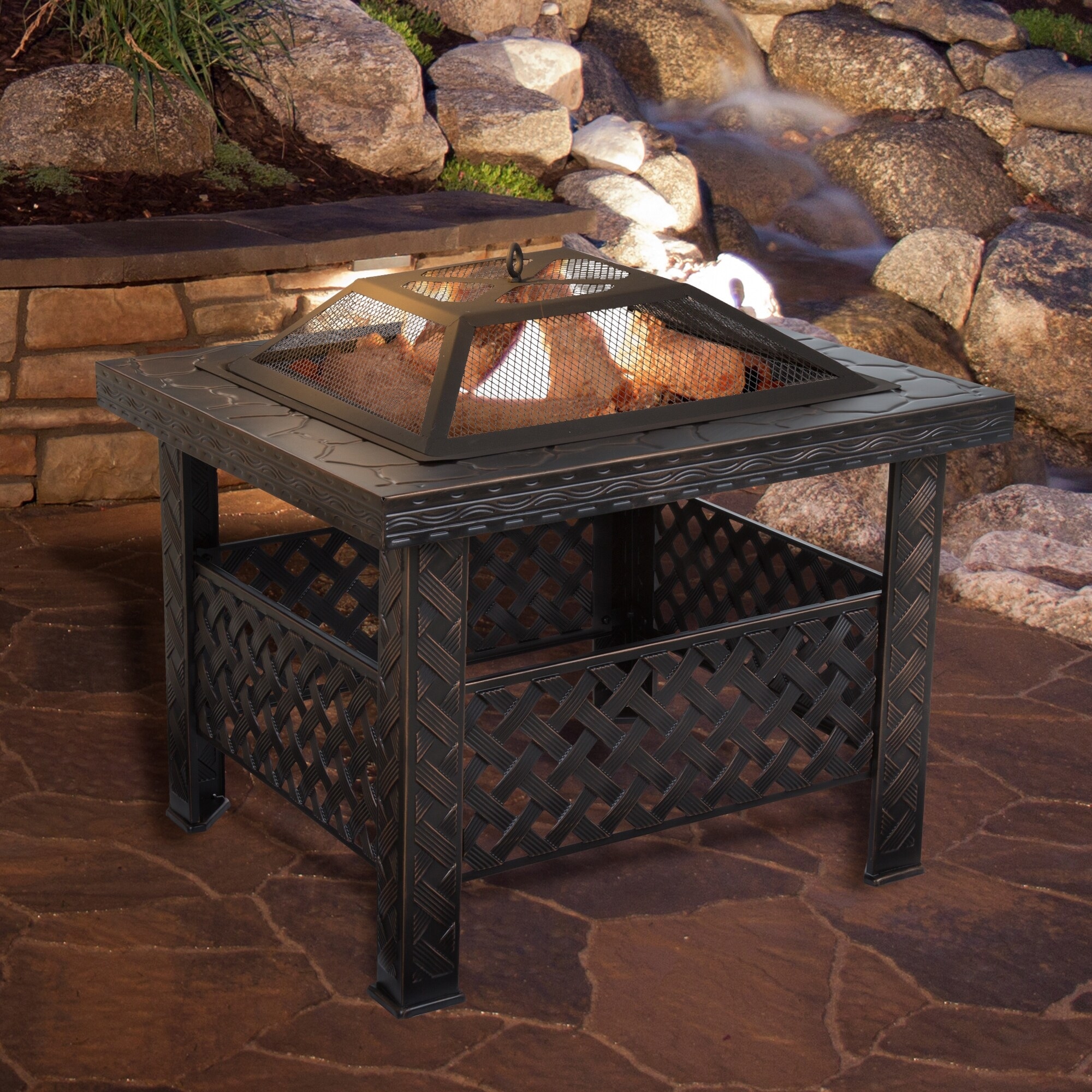 Pure Garden 26 inch Square Wood Burning Metal Fire Pit with Cover - Bronze - 26 x 26 x 20