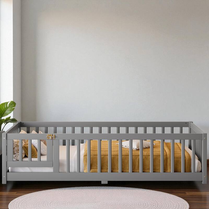 Twin/Full/Queen Size Wood Floor Bed with Door and Guardrails for Kids, Montessori Bed with Removable Slats