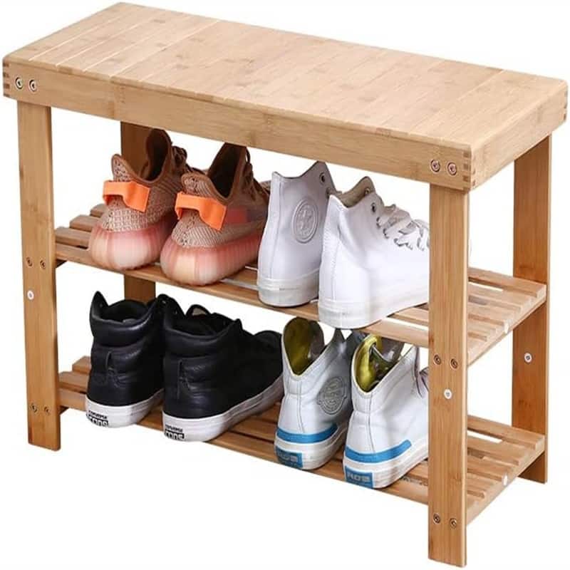 Bamboo Shoe Rack Bench 3 Tier Entryway Seat Shoe - 10.9"D x 27.6"W x 17.8"H