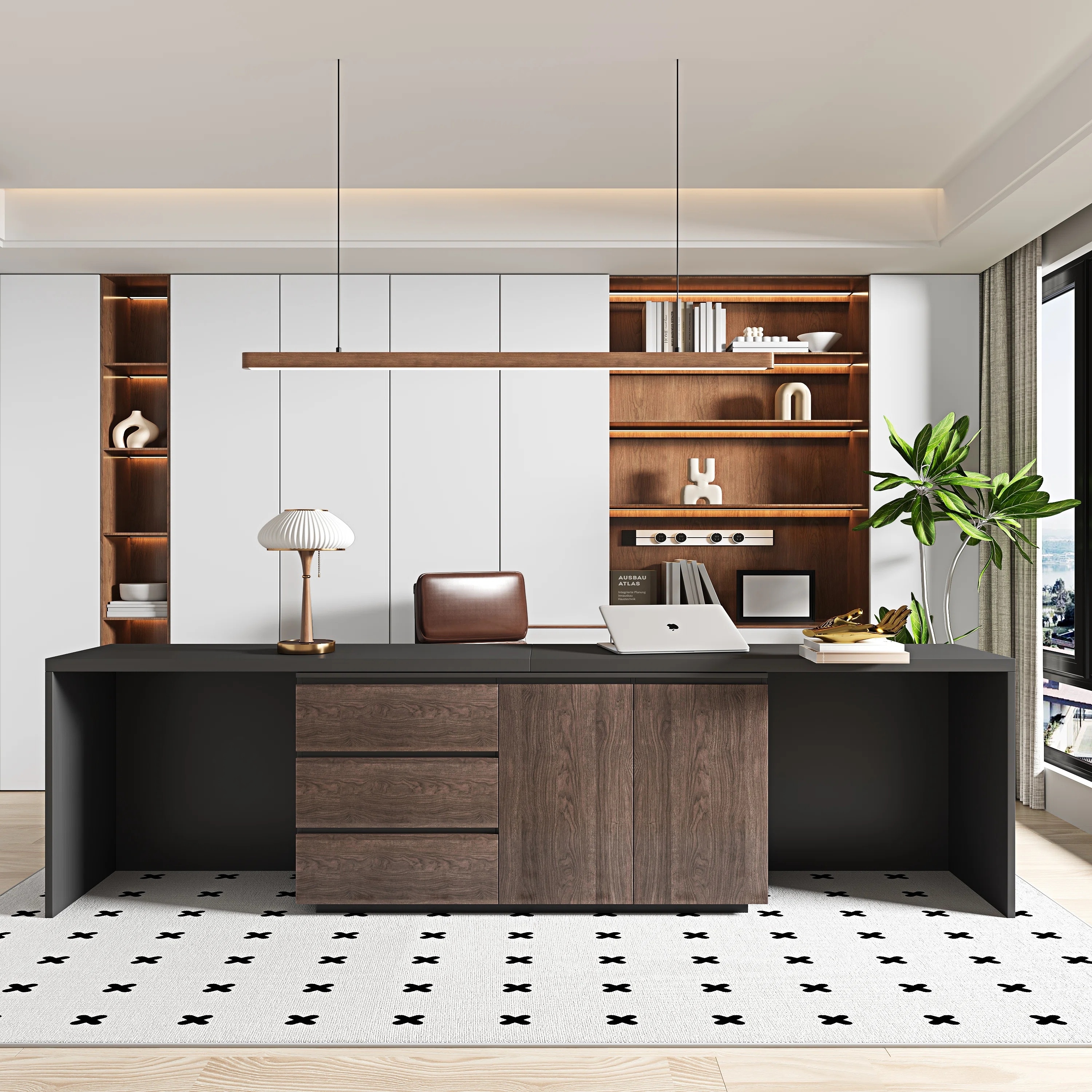 135'' Modern Home Office Expandable Dresser Desk with Storage Drawers and Cabinet