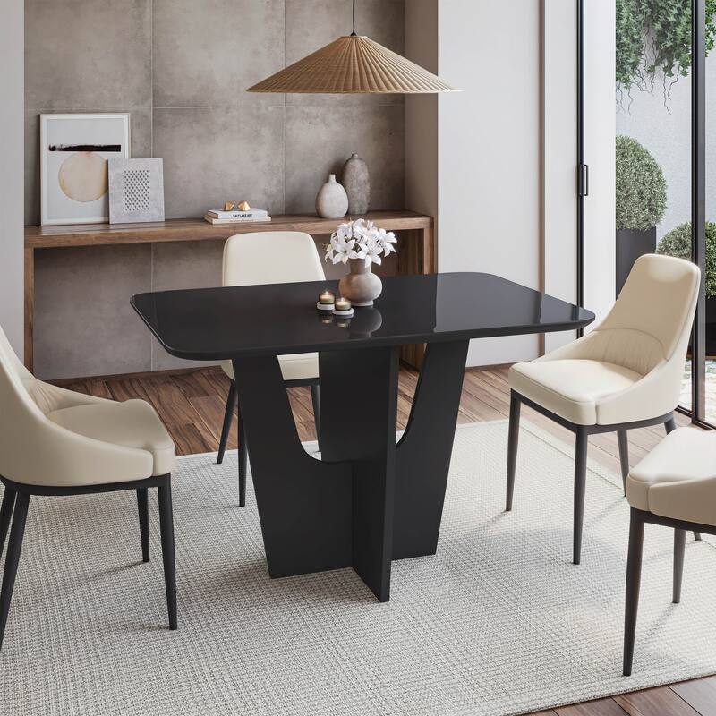 Compact 4 Seater Italian Dining Table with Painted Glass Top and Wooden Base, Black - Black