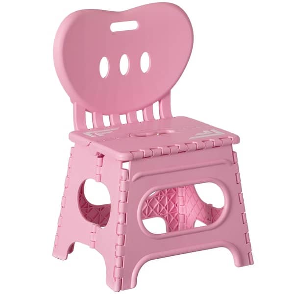 slide 2 of 8, Plastic Foldable Step Stool with Back Support, Portable Chair with Handle, Kids Stepping Stool and Bathroom Stool Pink