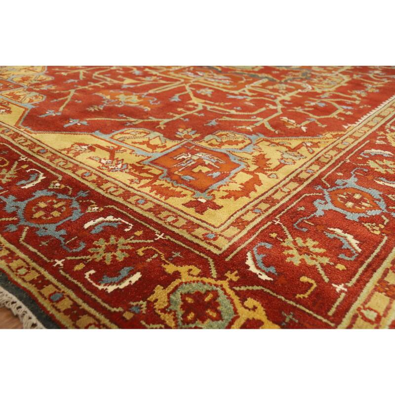 Red Medallion Heriz Serapi Indian Area Rug Hand-Knotted Wool Carpet - 8'8" x 11'9" - 8'8" x 11'9" - Red