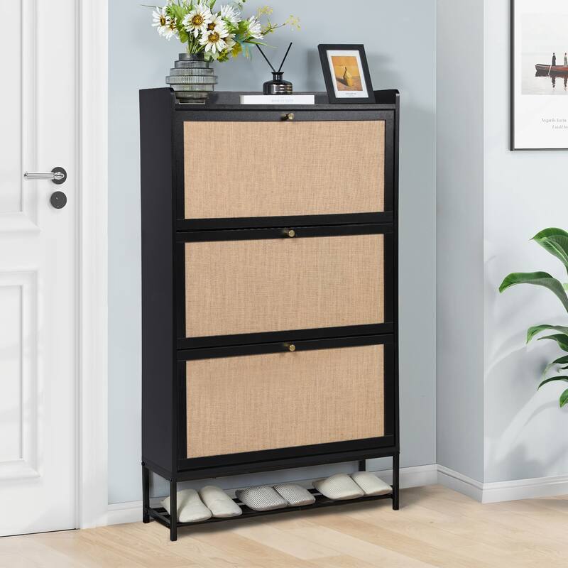 Wooden Shoe Storage Cabinet with triple-tier flip-up drawer