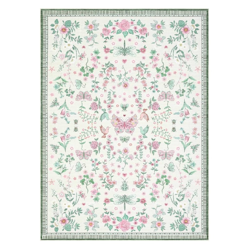 Modern Floral Machine Washable Indoor Waterproof Area Rug for Bedroom, Living Room, Pink - 2' x 3'