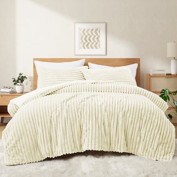 slide 2 of 29, Flannel Fleece Plush Fuzzy Comforter Set Fluffy Winter Bedding Set with 2 Pillowcases Cream - King