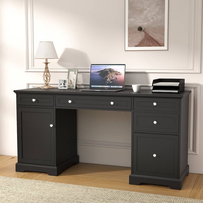 60W Black Pedestal Desk Office Desk with Drawers, File Cabinet