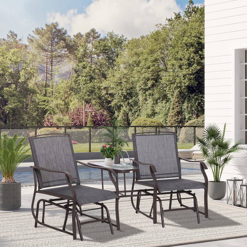 Outdoor Double Glider Chairs with Coffee Table, Patio 2-Seat Rocking Chair with Breathable Sling