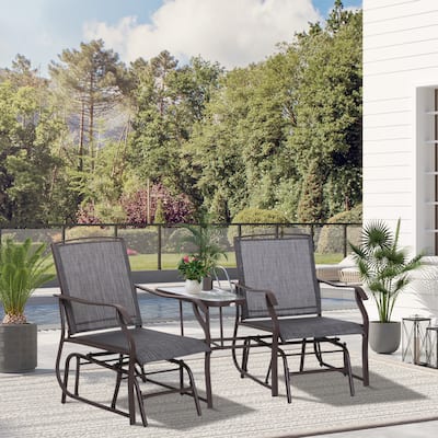 Outdoor Double Glider Chairs with Coffee Table, Patio 2-Seat Rocking Chair with Breathable Sling