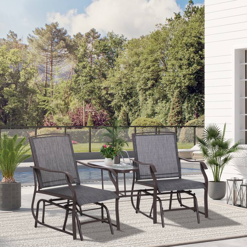 Outsunny Outdoor Glider Chairs with Coffee Table, Patio 2-Seat Rocking Chair Swing Loveseat with Breathable Sling