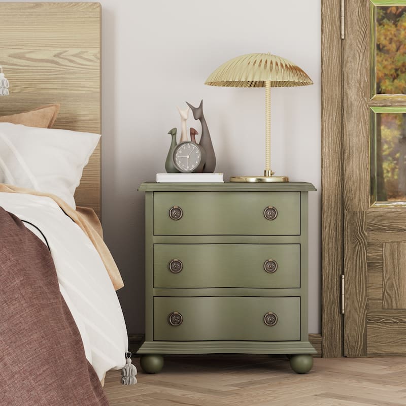 COZAYH Farmhouse 3 Drawer Nightstand with Distressed Wood Finish, Rustic Vintage Dresser with Curved Front Design - Green