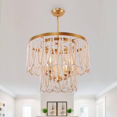 4-Light Gold Wooden Bohemian Chandelier For Dining Room Kitchen Island Pendant Light - 20" X 18"