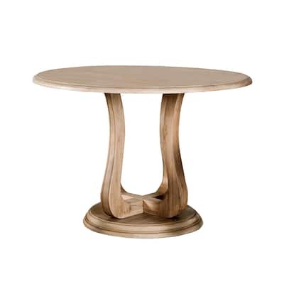 Round Wooden Table with Trestle Tulip Base in Distressed Natural - Distressed Natural