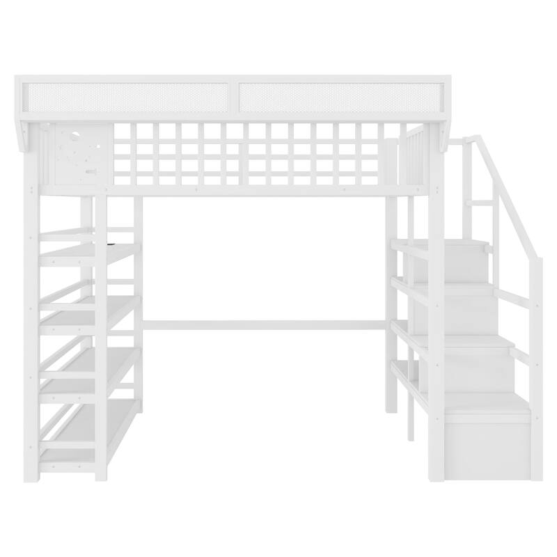 Full Size Metal Loft Bed with Charging Station and 4-Shelf Storage, Kids & Teens Loft Bed with Storage Stairs
