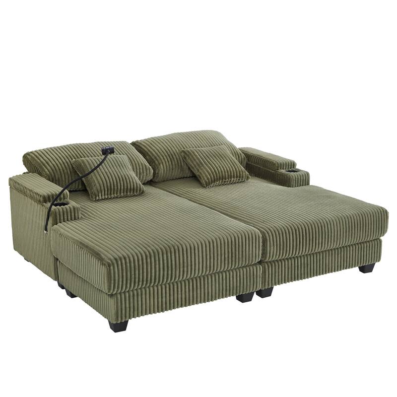 Corduroy Chaise Lounge Sofa Loveseat Sleeper Sofa with Adjustable Backrest, Cup Holders, Phone Holder and Dual Storage Armrest